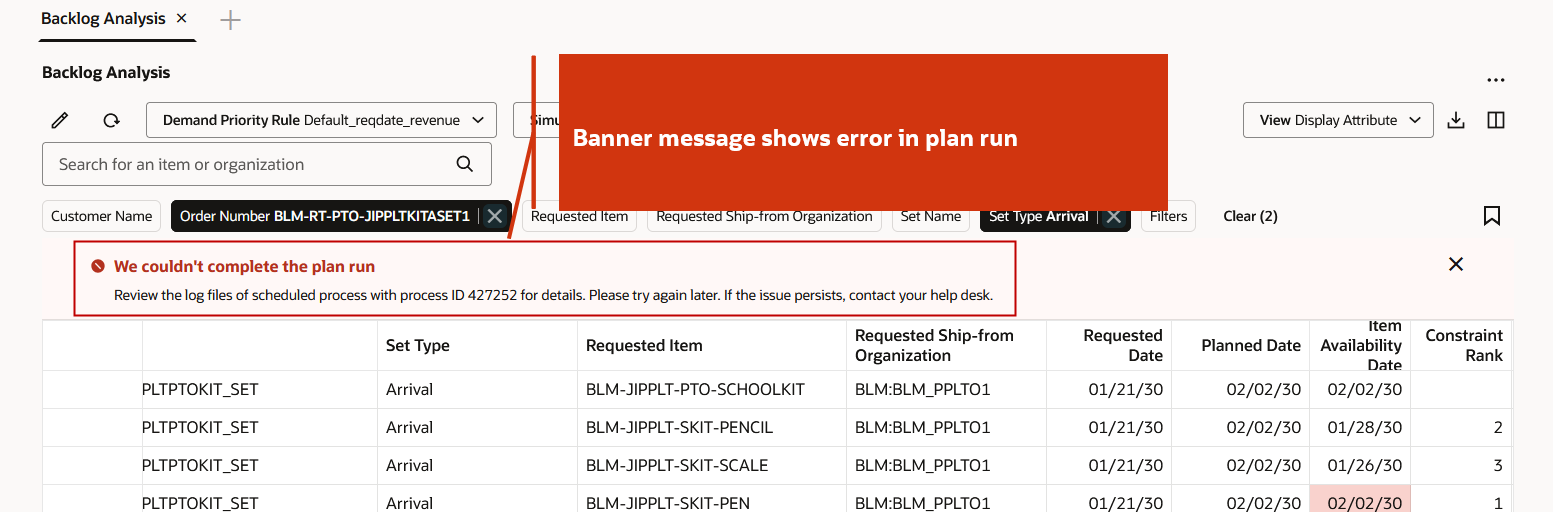 Banner Message Shows Issue in Simulation Plan Run