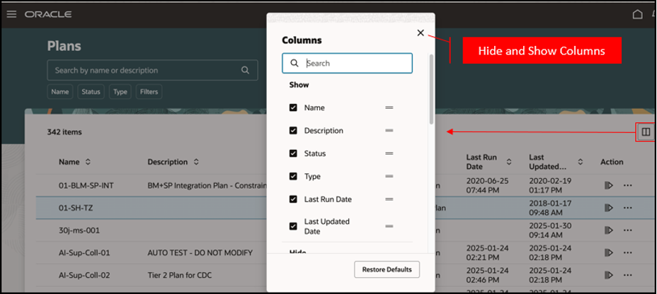 Columns Dialog Box on Plans Page