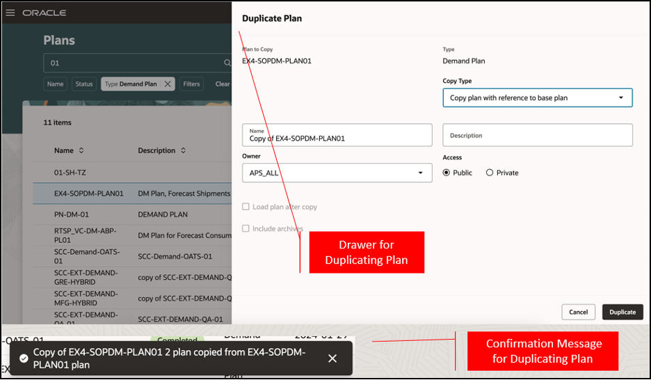 Duplicate Plan Drawer and Confirmation Message