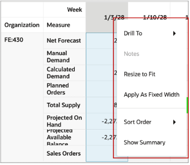Actions on a Column Header