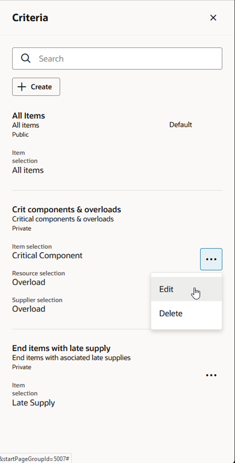 Criteria Actions Menu