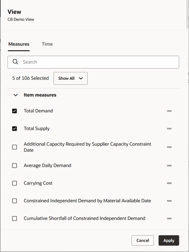 View Drawer Showing Measures Tab