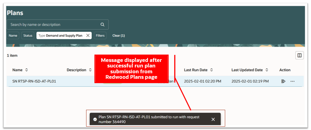 Message Displayed After Run Plan Submission