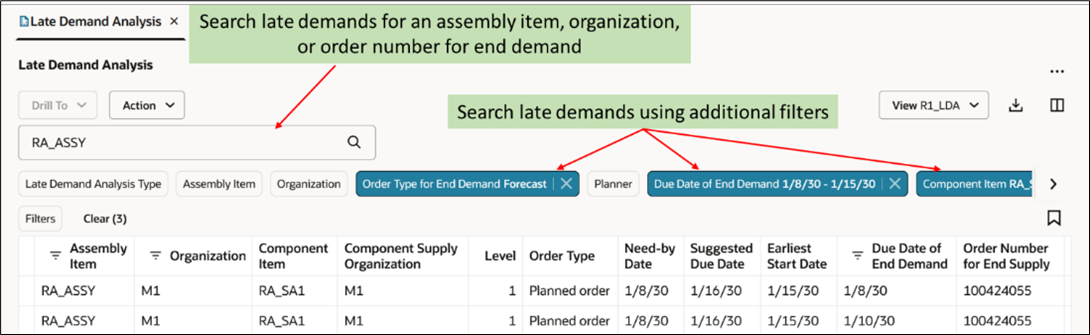 Use Search and Filters to analyze late demands