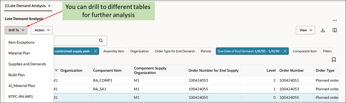Drill to Another Table from Late Demand Analysis Table