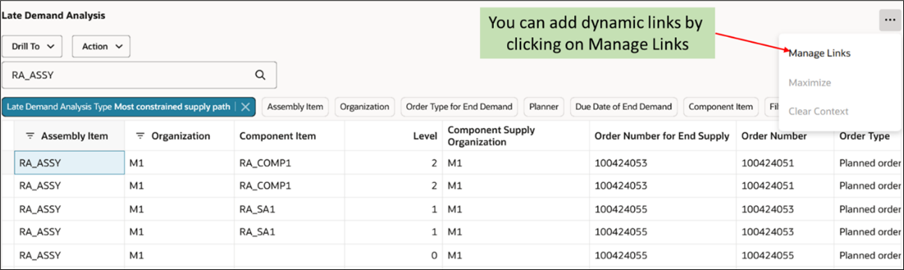 Manage Links in Late Demand Analysis Table