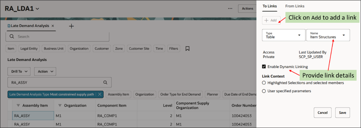 Create a link in Late Demand Analysis Table