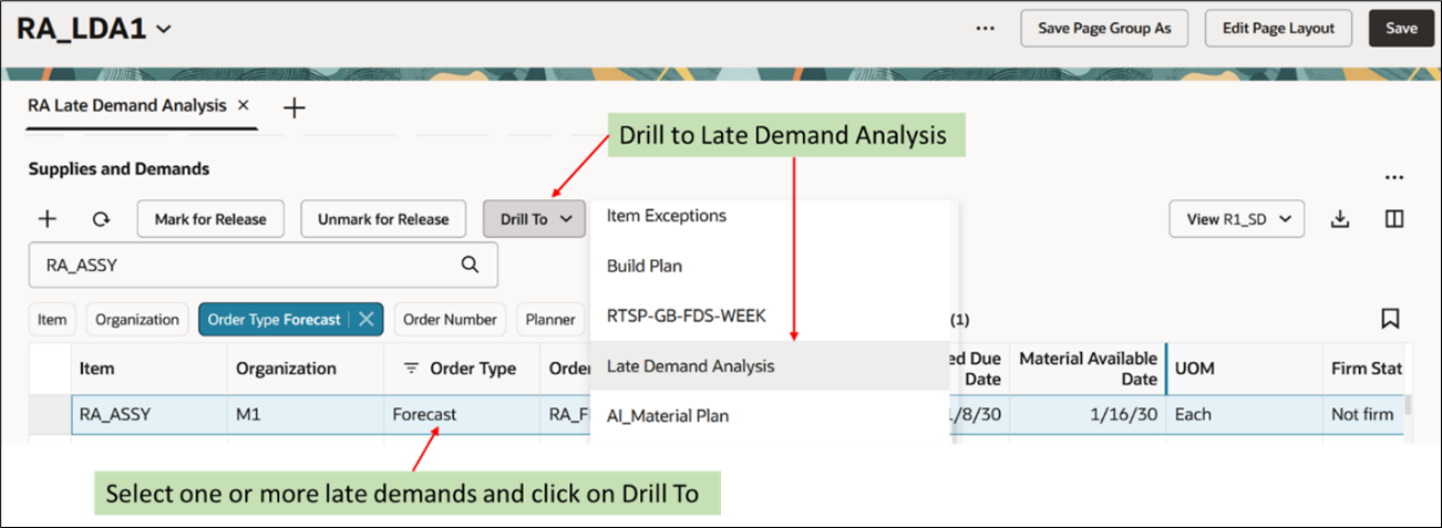 Drill to Late Demand Analysis Table from Supplies and Demands