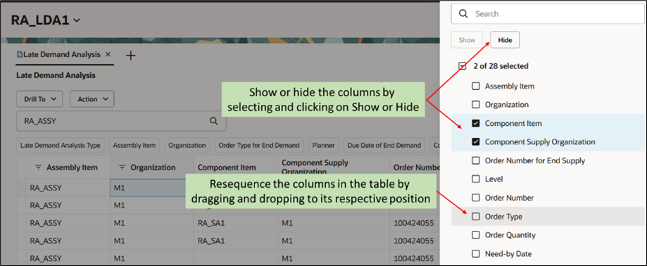 Toggle the Visibility of the Columns