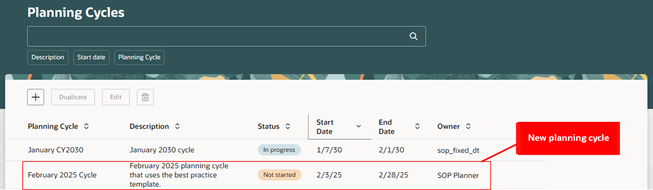 New Planning Cycle Displayed in the Planning Cycles Page