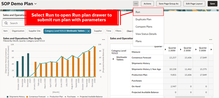 Select Run Action to Open Run Plan Drawer