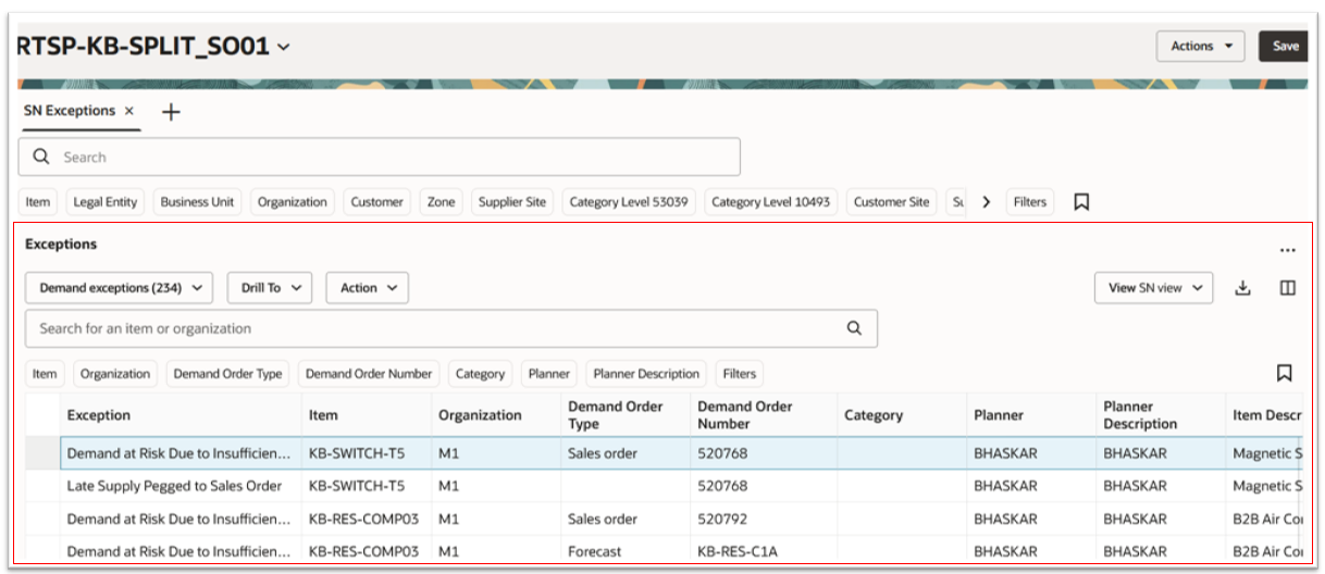 Exceptions Displayed on a Supply Plan Page