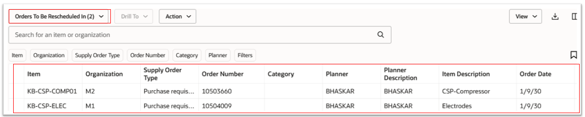 Example of Exception Details for Orders to be Rescheduled in a Supply Plan