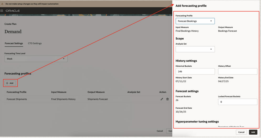 Adding forecasting profile to the plan