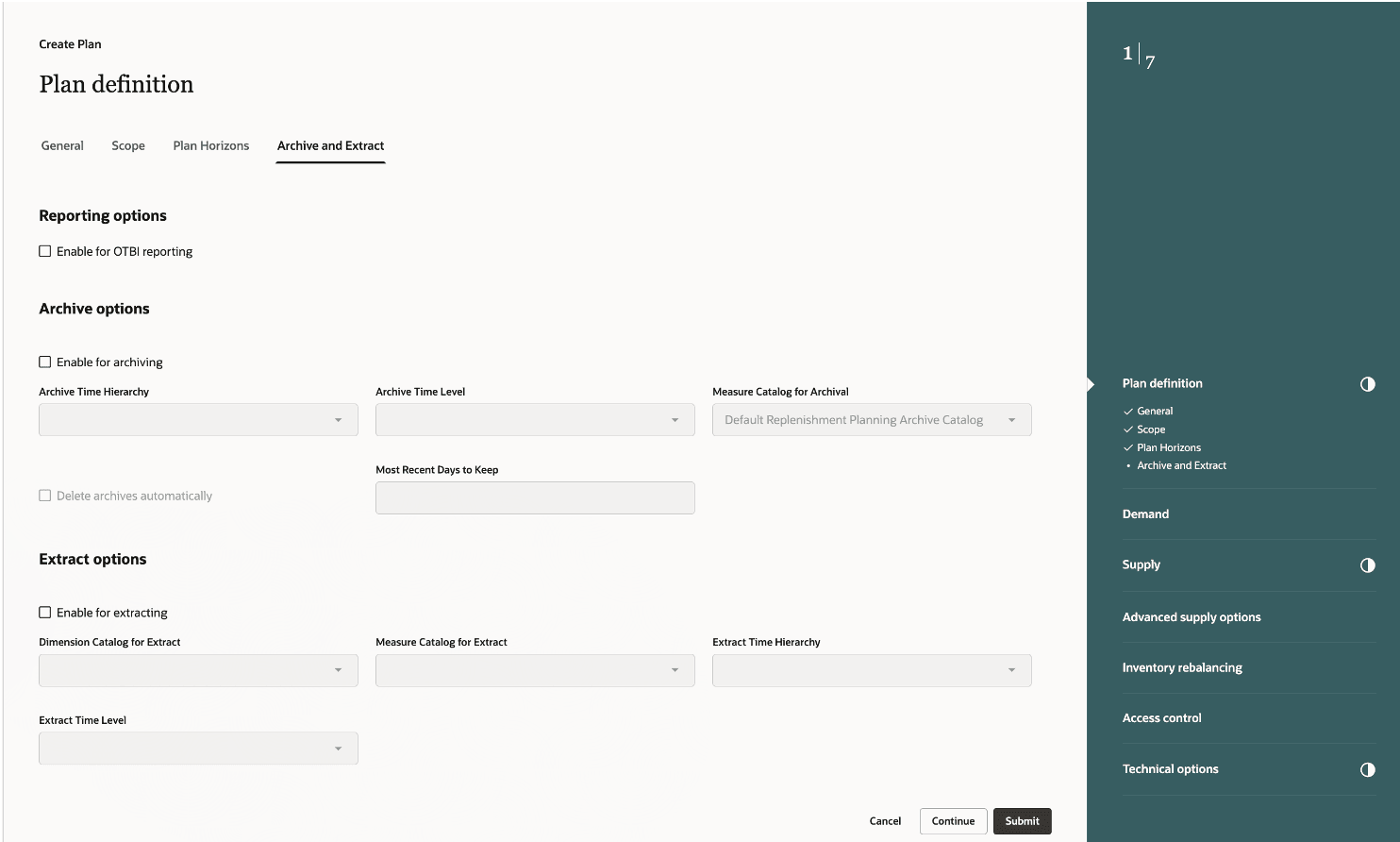 Provide Archive and Extract Details in the Plan Definition Step