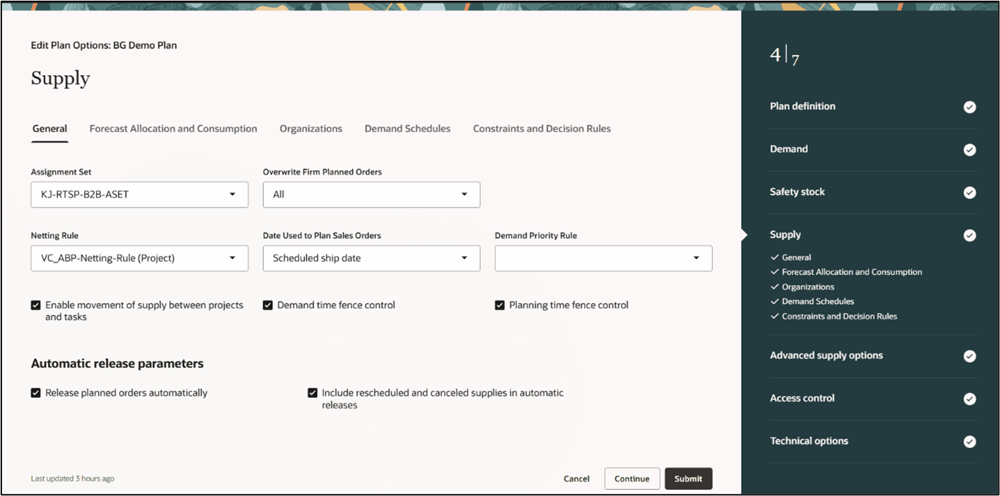 Supply General Tab Plan Options
