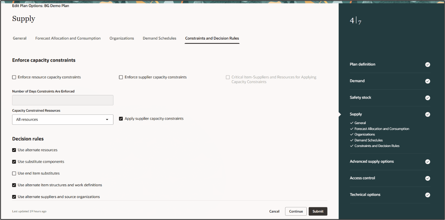 Constraints and Decision Rules Plan Options