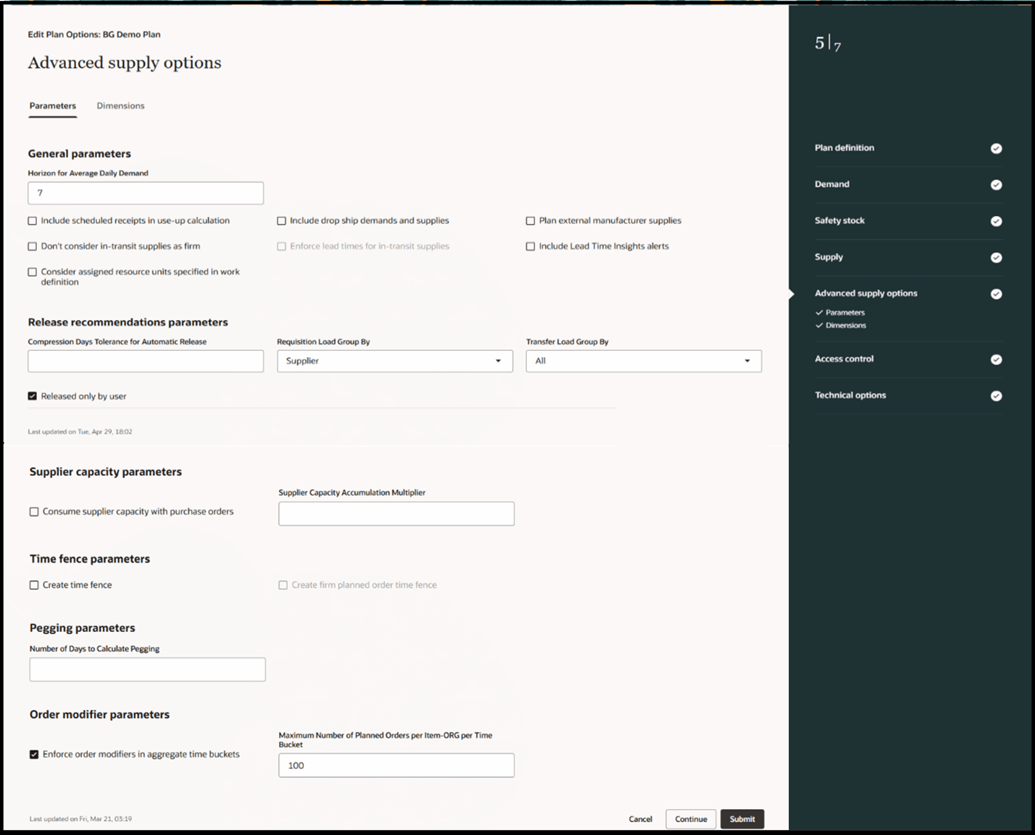 Advanced Supply Options Parameters Tab