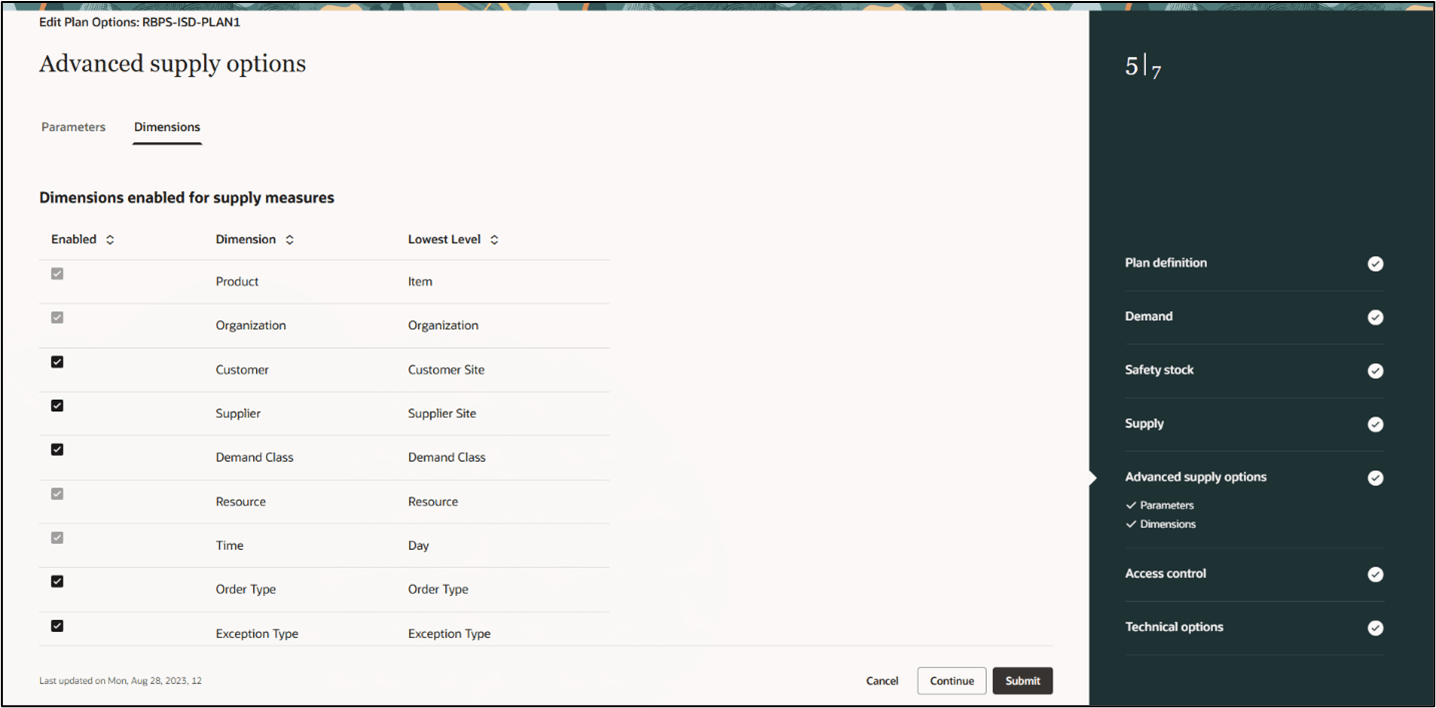 Advanced Supply Options Dimensions Tab