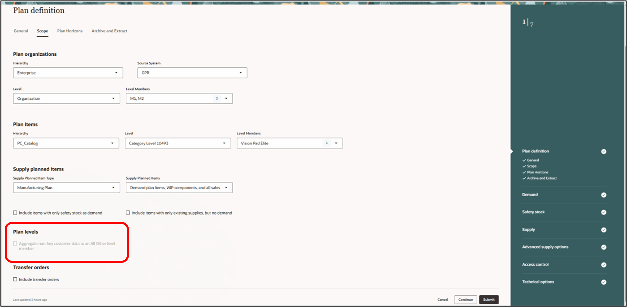 Plan Definition Scope Tab Plan Options