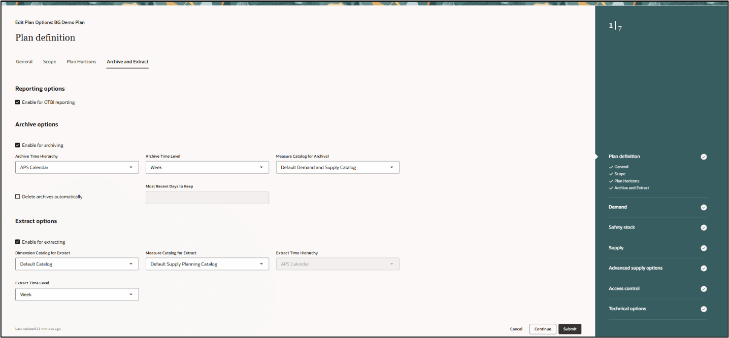 Plan Definition Archive and Extract tab Plan Options