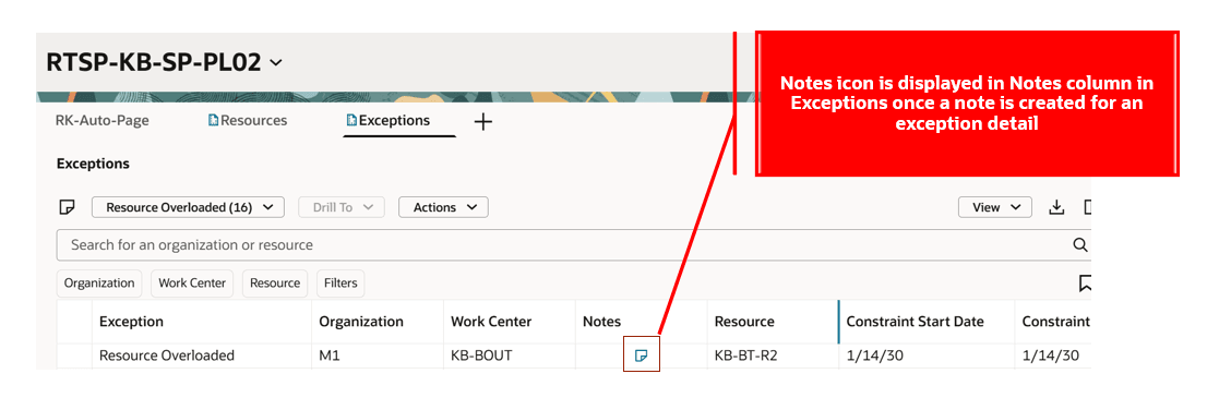 Notes Icon Displayed in an Exception Detail