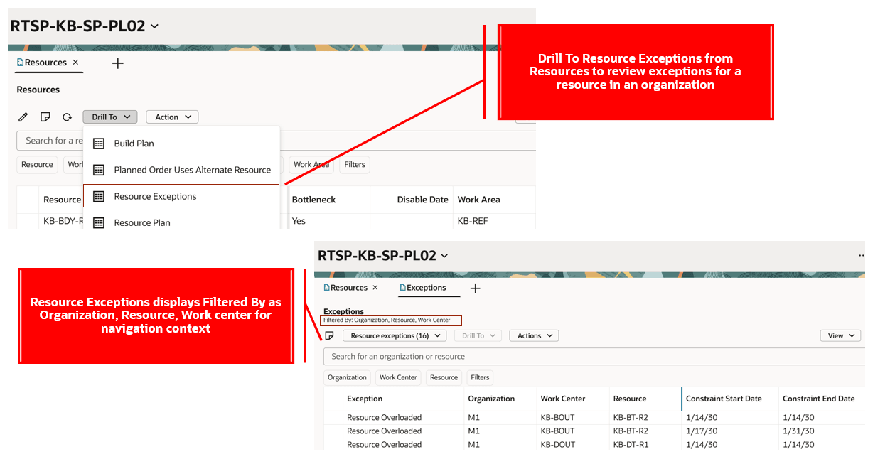 Drill To Resource Exceptions from Resources