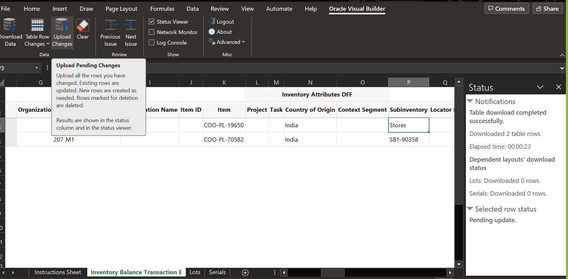 Inventory Balance Messages for Error Management Upload