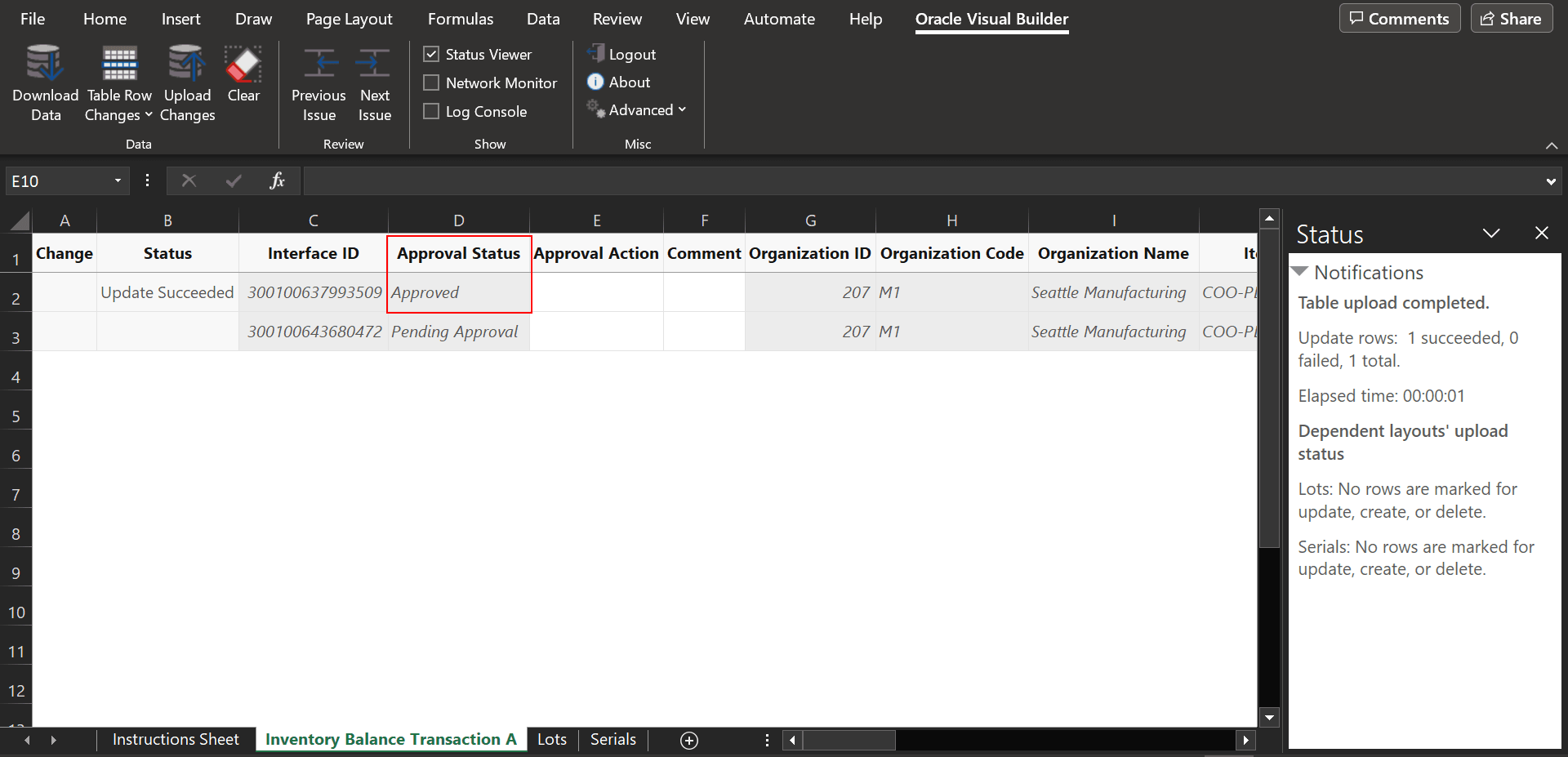 Inventory Balance Messages for Approval Upload