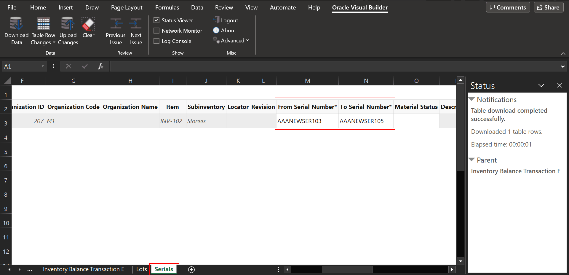 Inventory Balance Messages Serial Tab
