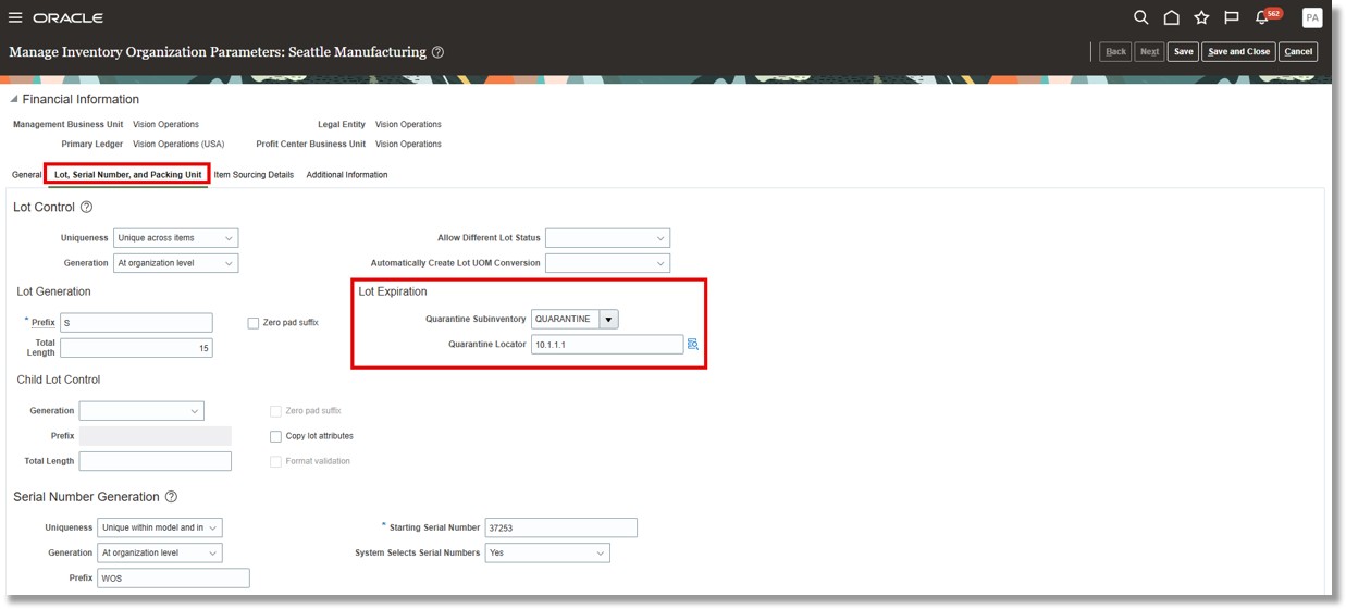 Define Quarantine Subinventory and Locator