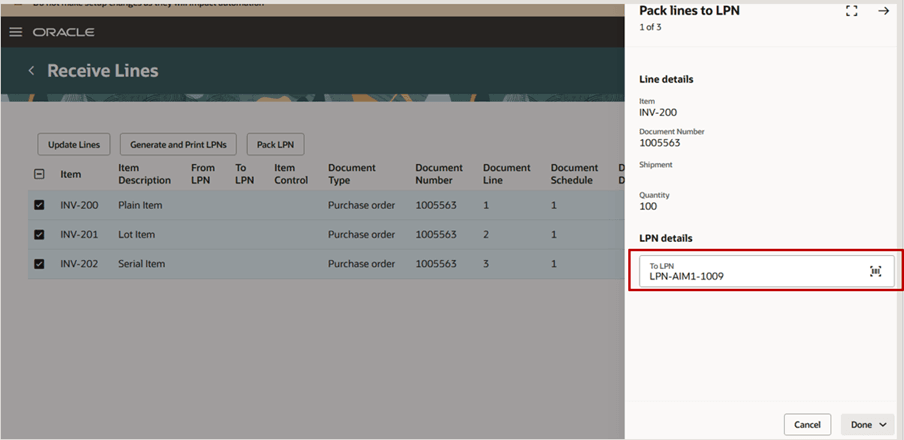 Pack lines into LPN during receiving