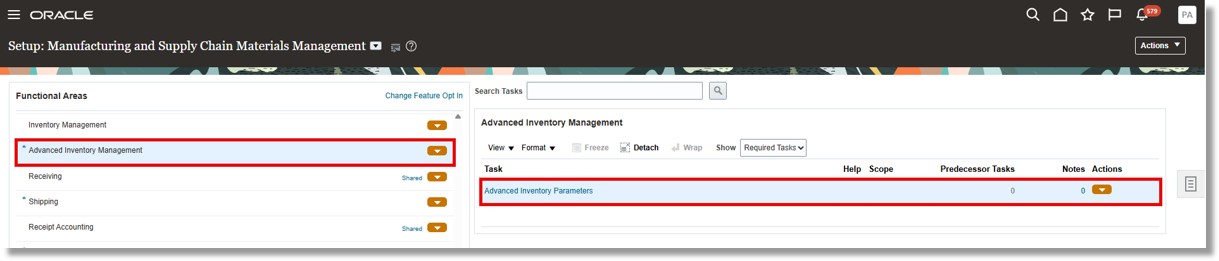 Setup Task: Advanced Inventory Parameters