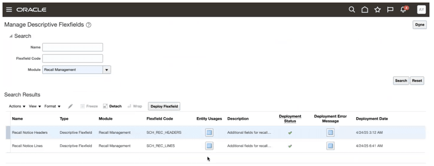 Descriptive Flexfield for Recall Management