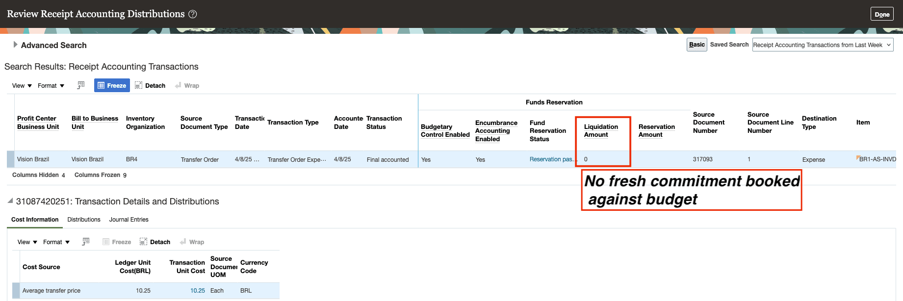 Picture 2: Image of funds reservation passed and commitment amount booked as zero when processing Transfer order Expense return event.