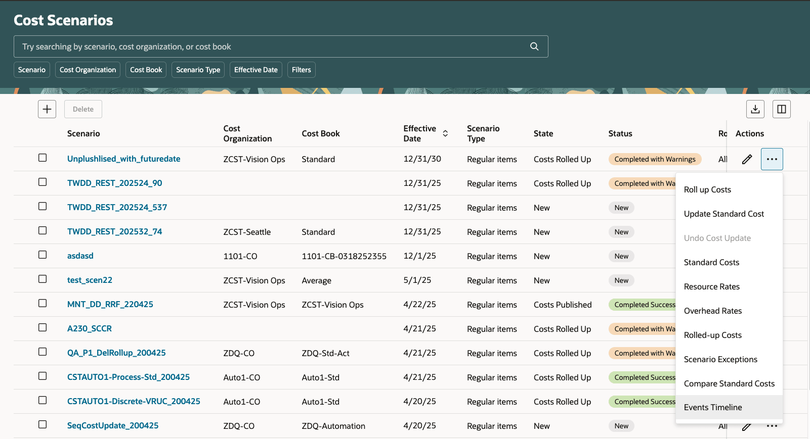 Navigation menu to the Events Timeline page from cost scenarios Redwood page