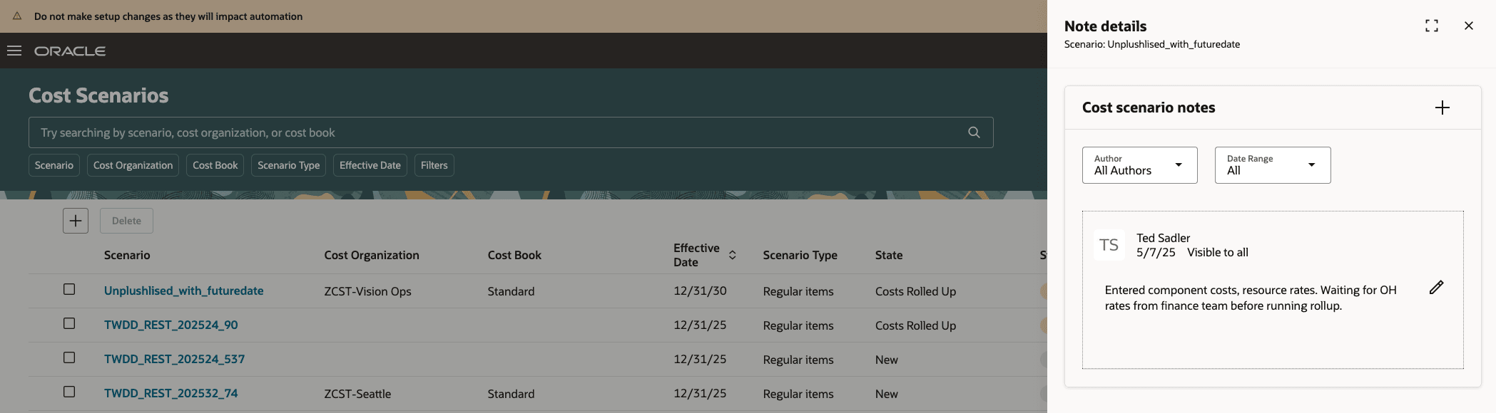 Cost scenario note details