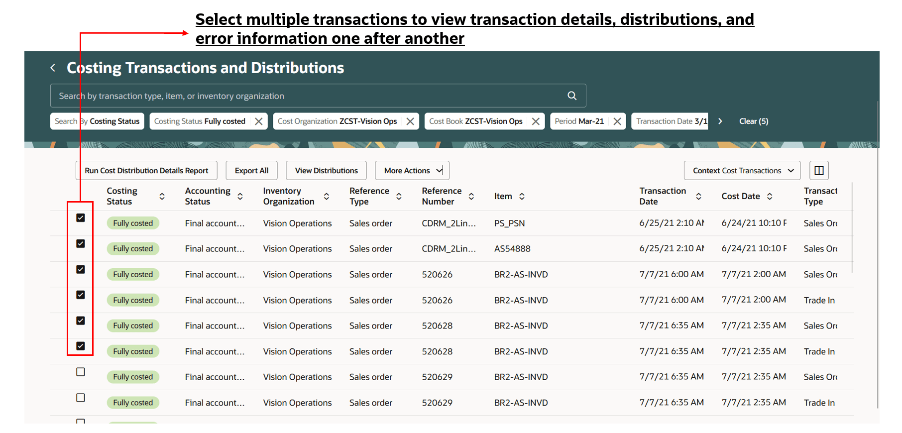 Screenshot for the multi select capability in costing transactions and distributions page