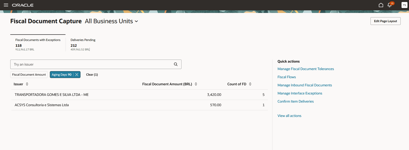 Screenshot displaying the Landing page and Fiscal documents with exceptions scorecard