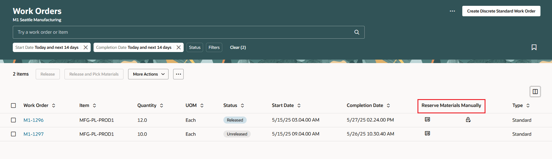 Manufacturing: Manage Work Order - Reserve Materials Manually