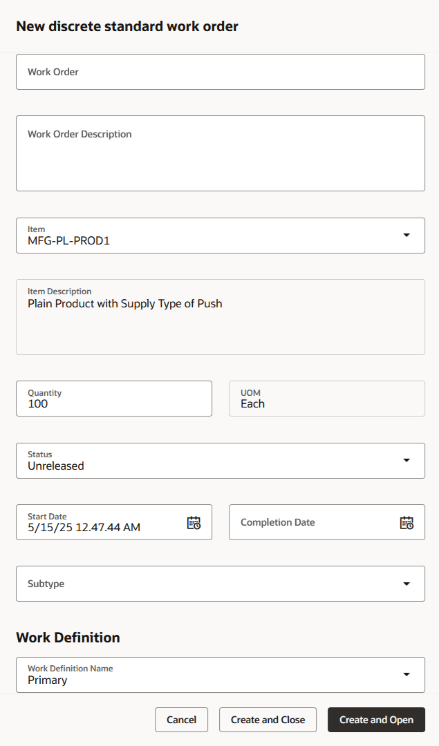Create Discrete Standard Work Order