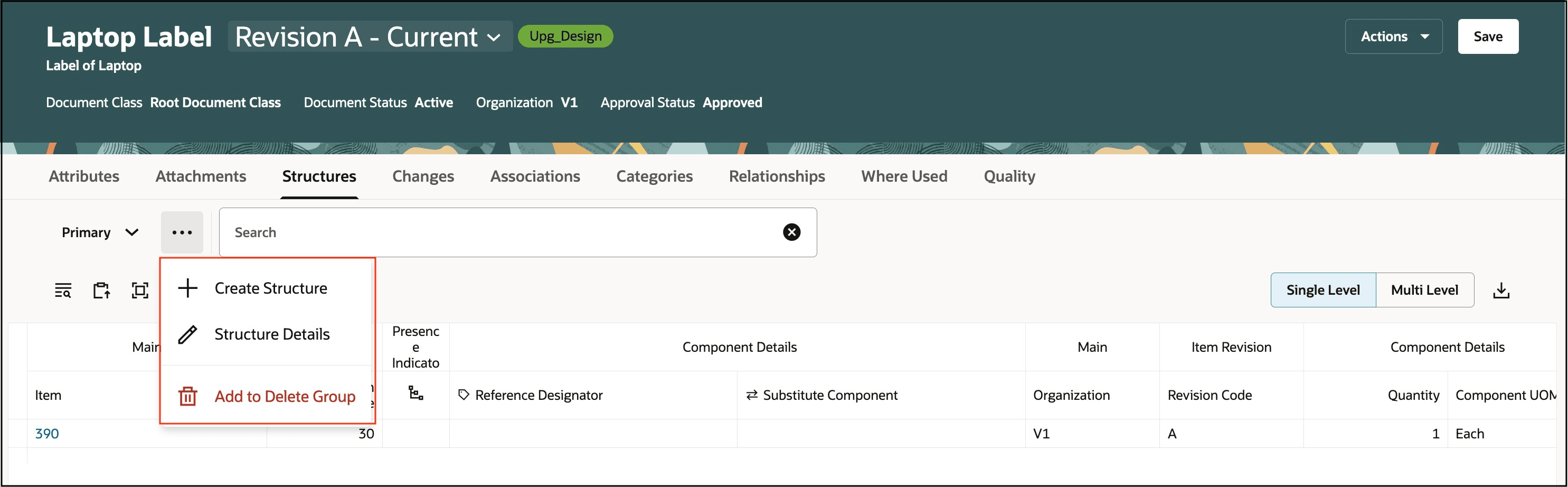 Edit Structure options