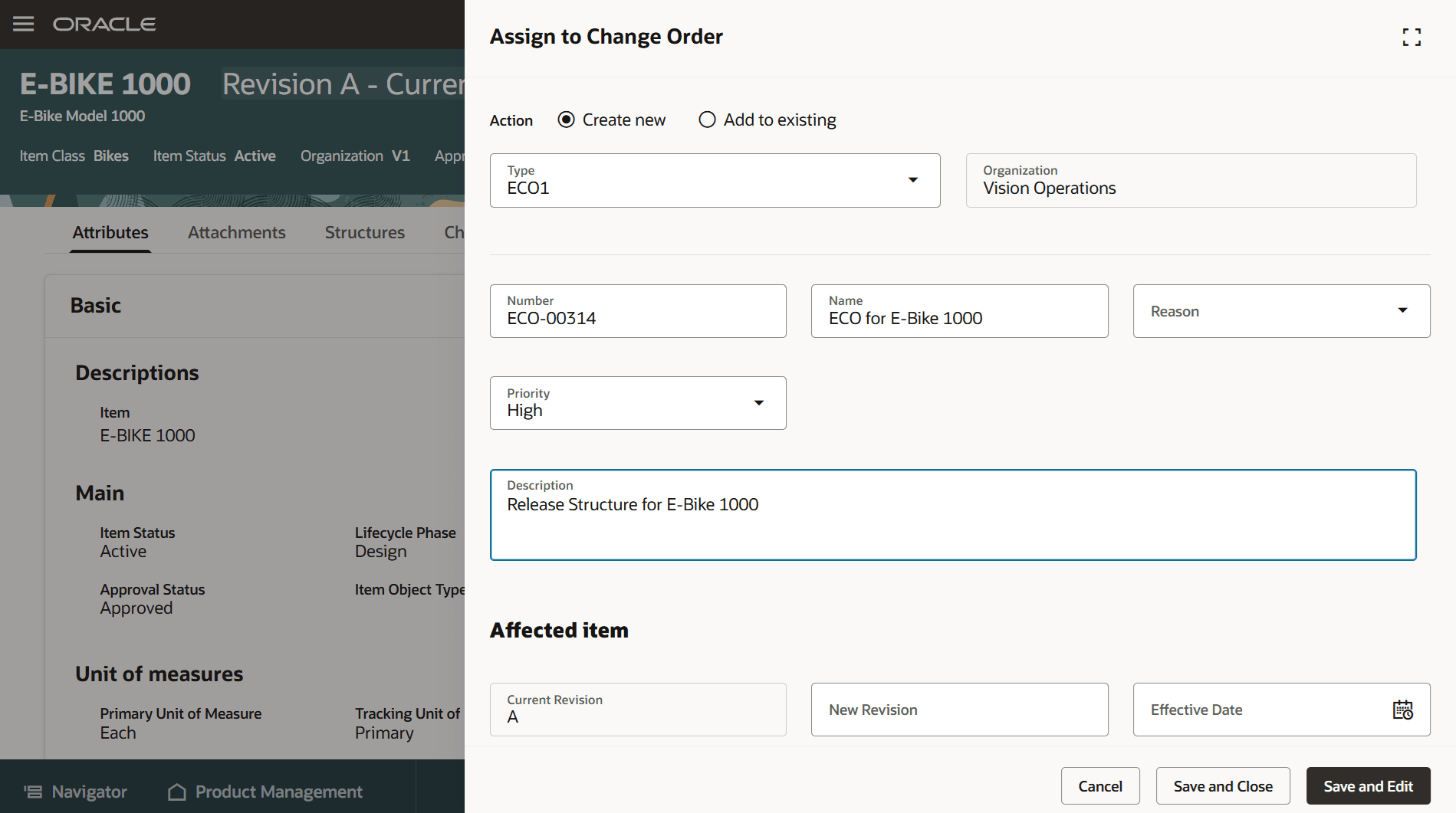 Enter Details when Assigning an Item to a New Change Order