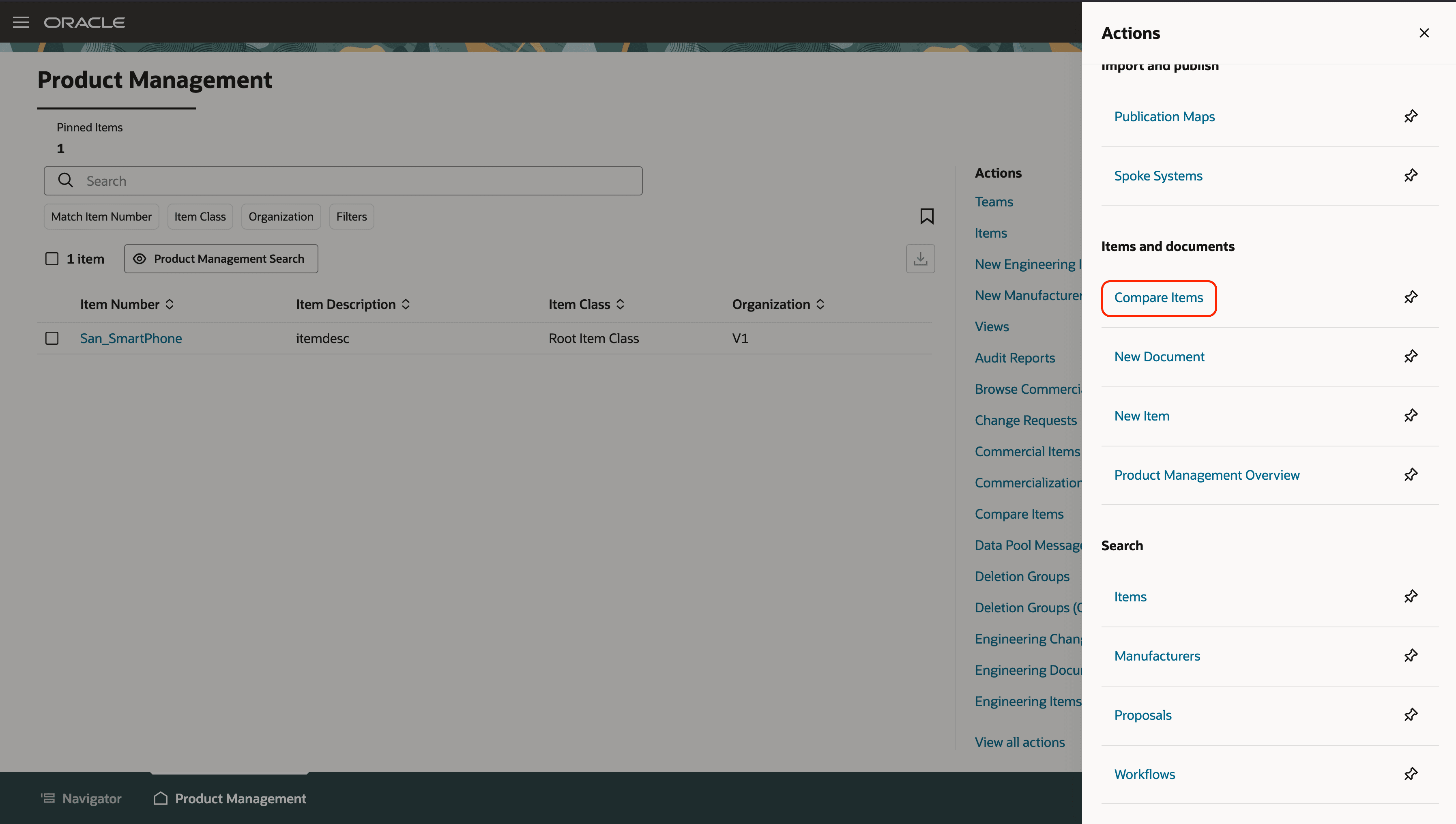 Actions Drawer - Compare Items