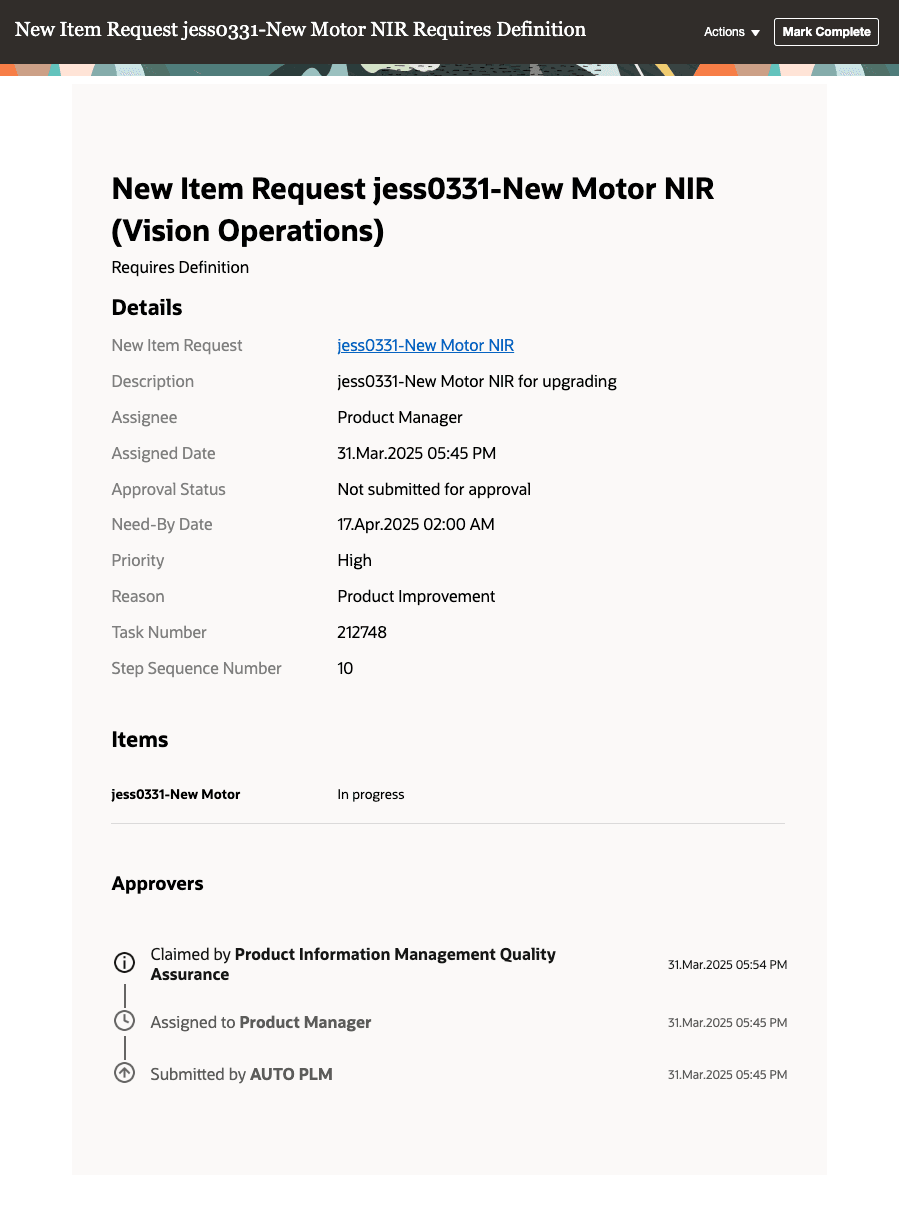 Caption: In-App Notification for New Item Request Definition