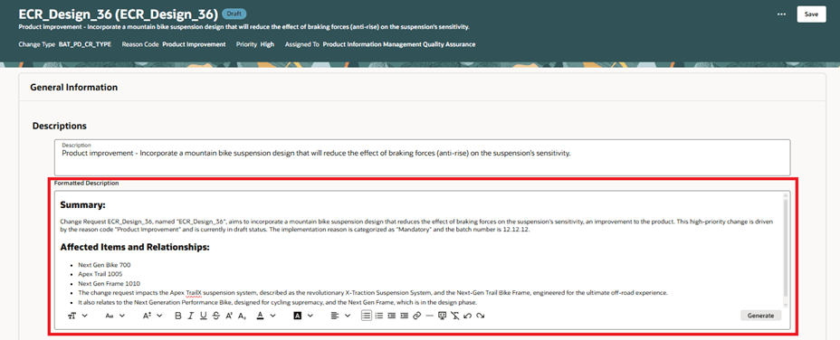 AI Generated Summary of a Change Request
