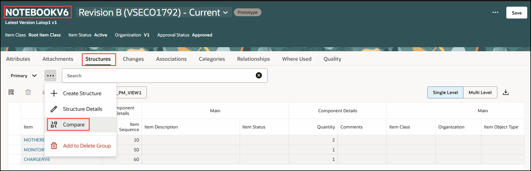 Compare Action on the Structures Tab of an Item
