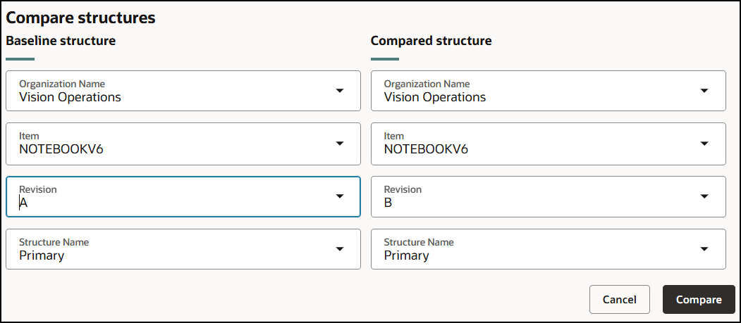 Select Values for the Baseline and Compared Structures