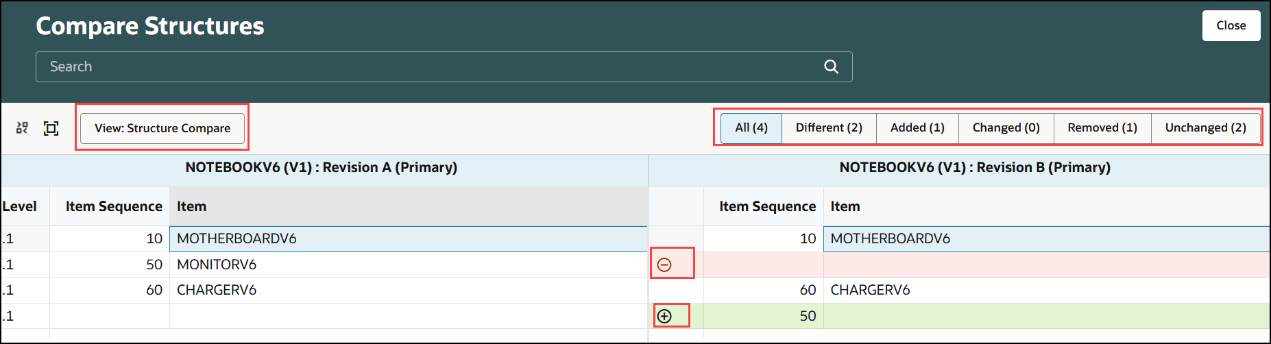 Options for Filtering Comparison Results and Icons to Indicate Differences