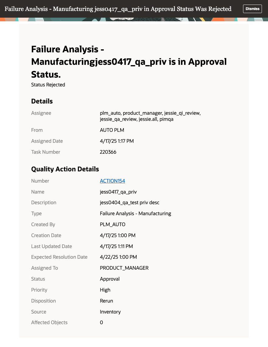 Caption: In-app Notification for Quality Action Rejection